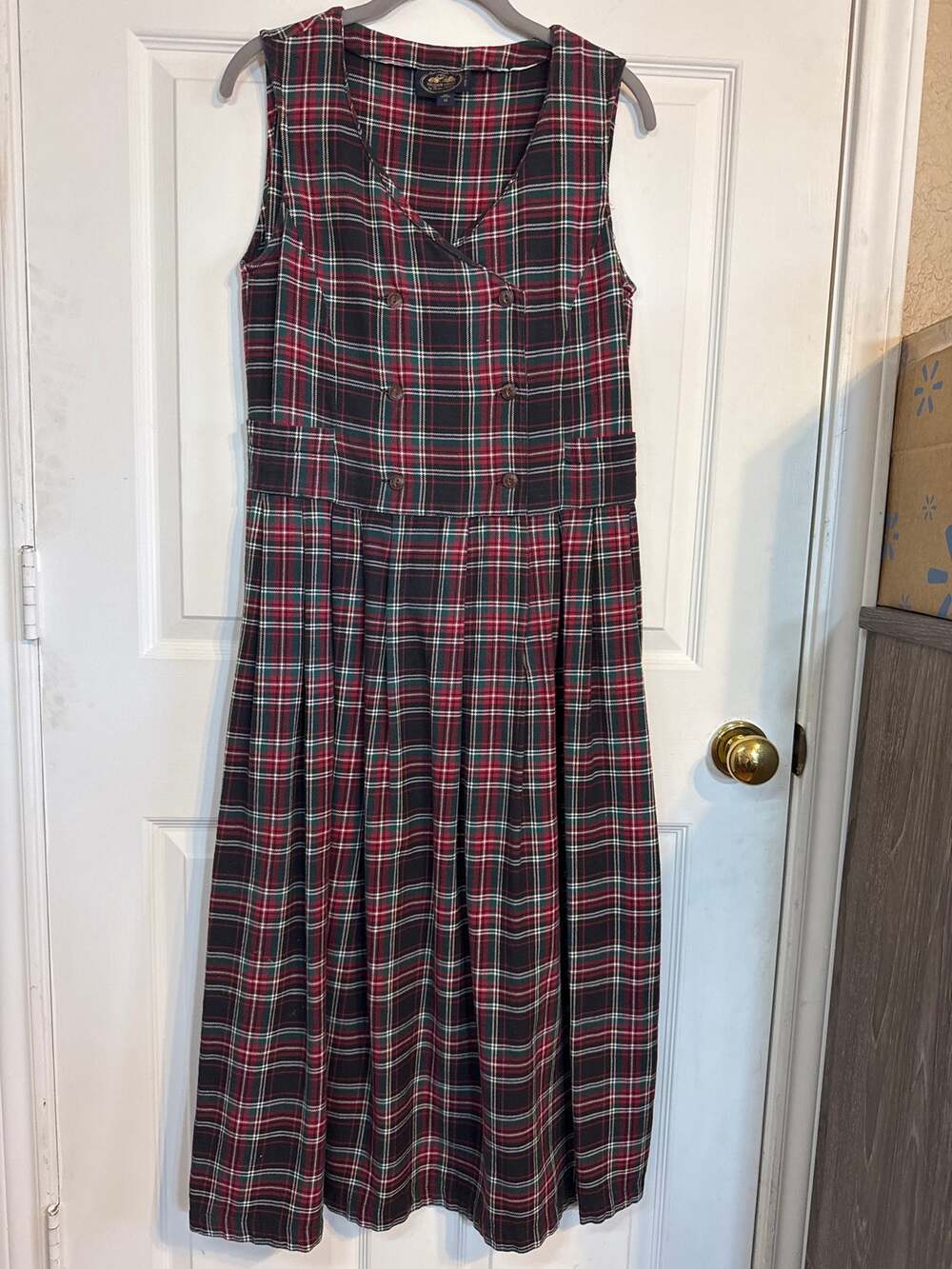 VTG British Khaki Plaid Jumper Dress Tartan Pleated Double Breasted Size 12